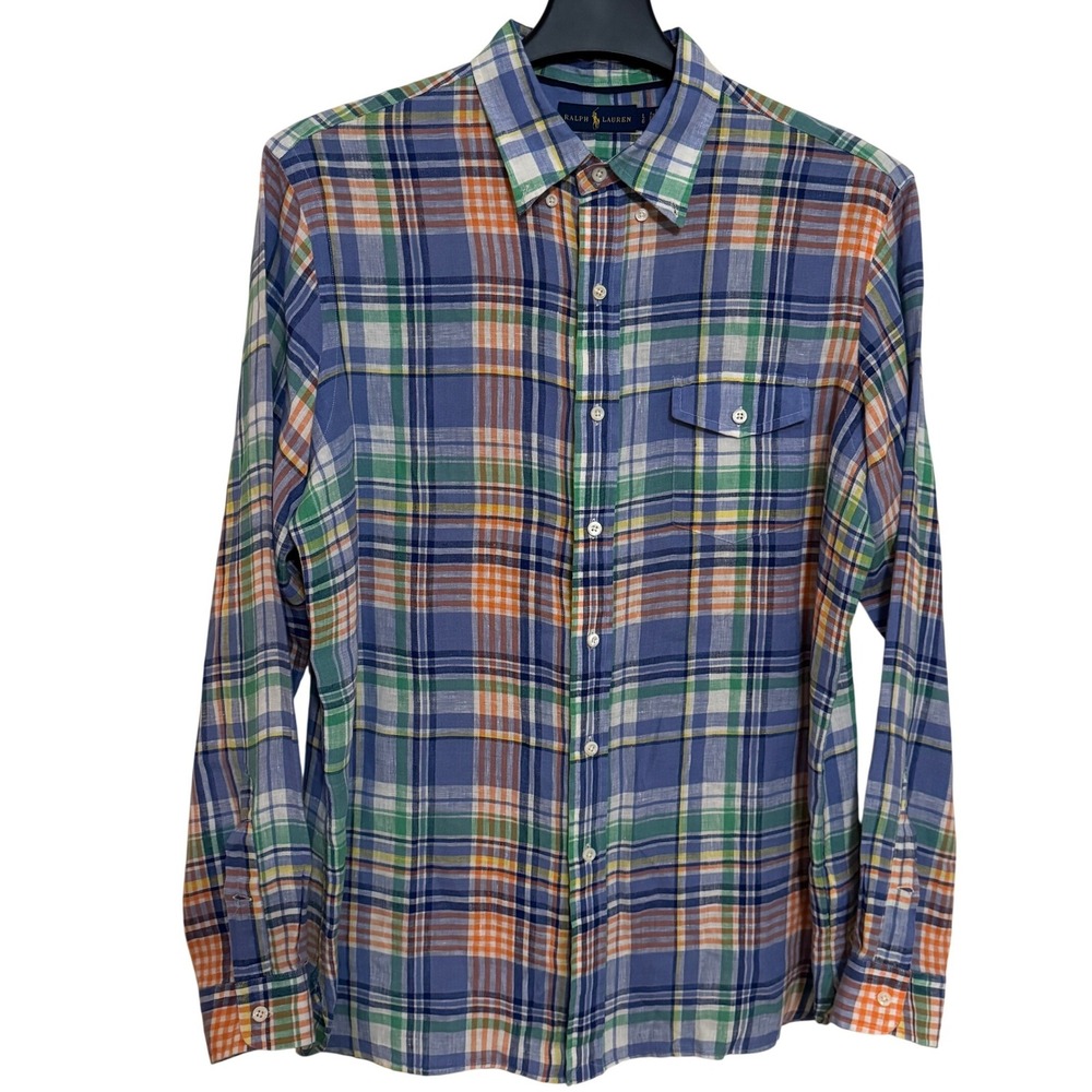 Polo Ralph Lauren Button Down Shirt‎ Mens L Long Sleeve Linen Plaid Blue Orange
